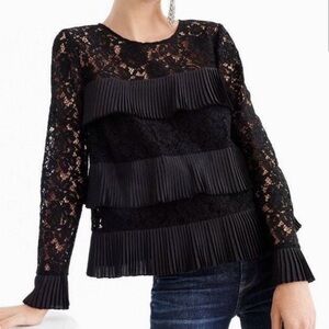 J.Crew Women’s Black Long Sleeve Ruffle Tiered Pleated Lace Blouse Top 6P NWT